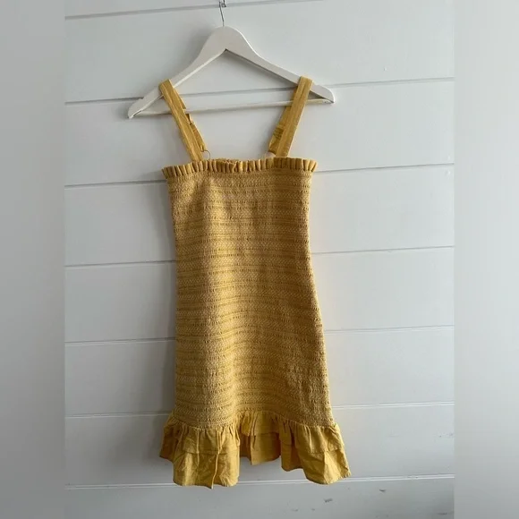 Linen Smocked Knee Length Dress - Yellow/ White Size: Estimate XS/S - Picture 8 of 14